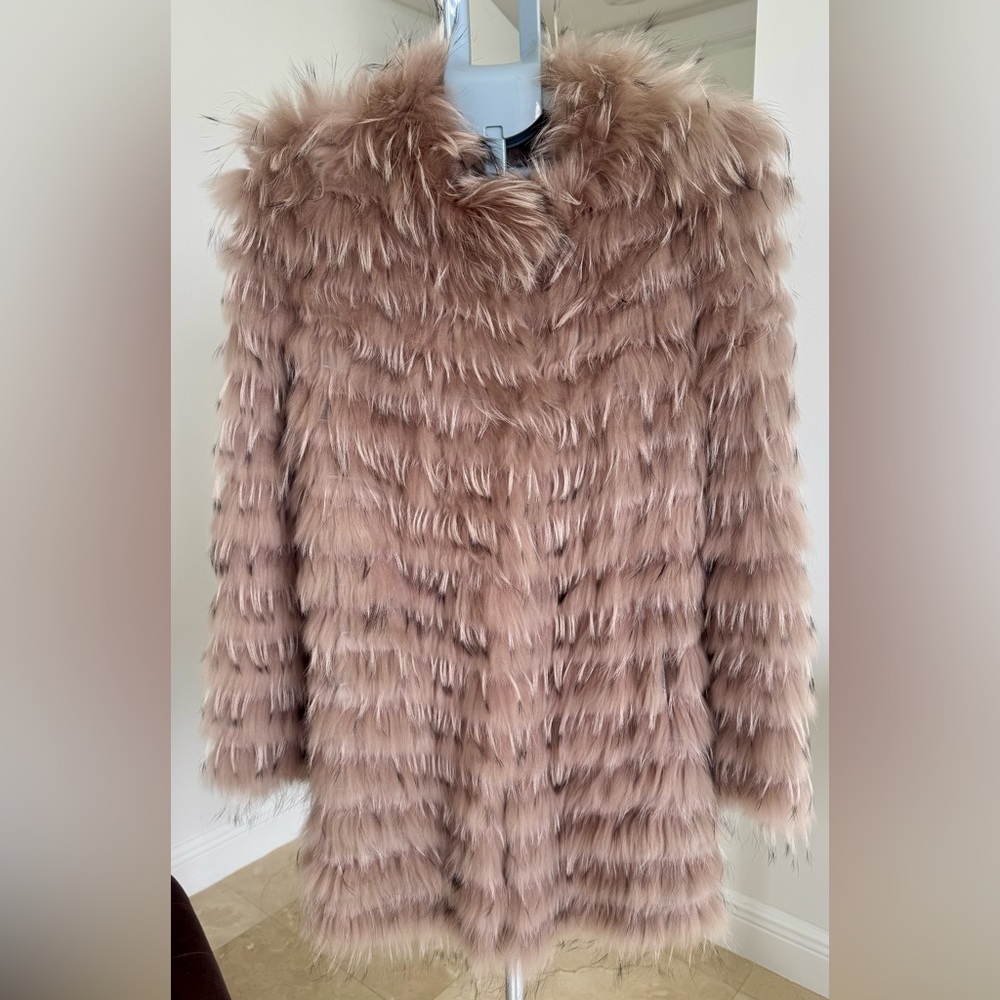 Yves Salomon Teddy Jacket in Dusty Rose, long fluffy fur with Raccoon Finn tips